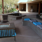 decorative concrete patio with benches